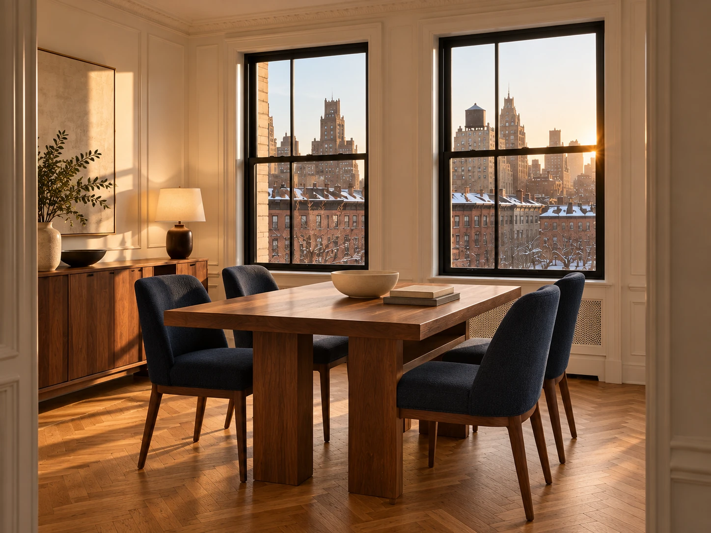 A model unit dining nook with navy upholstered chairs