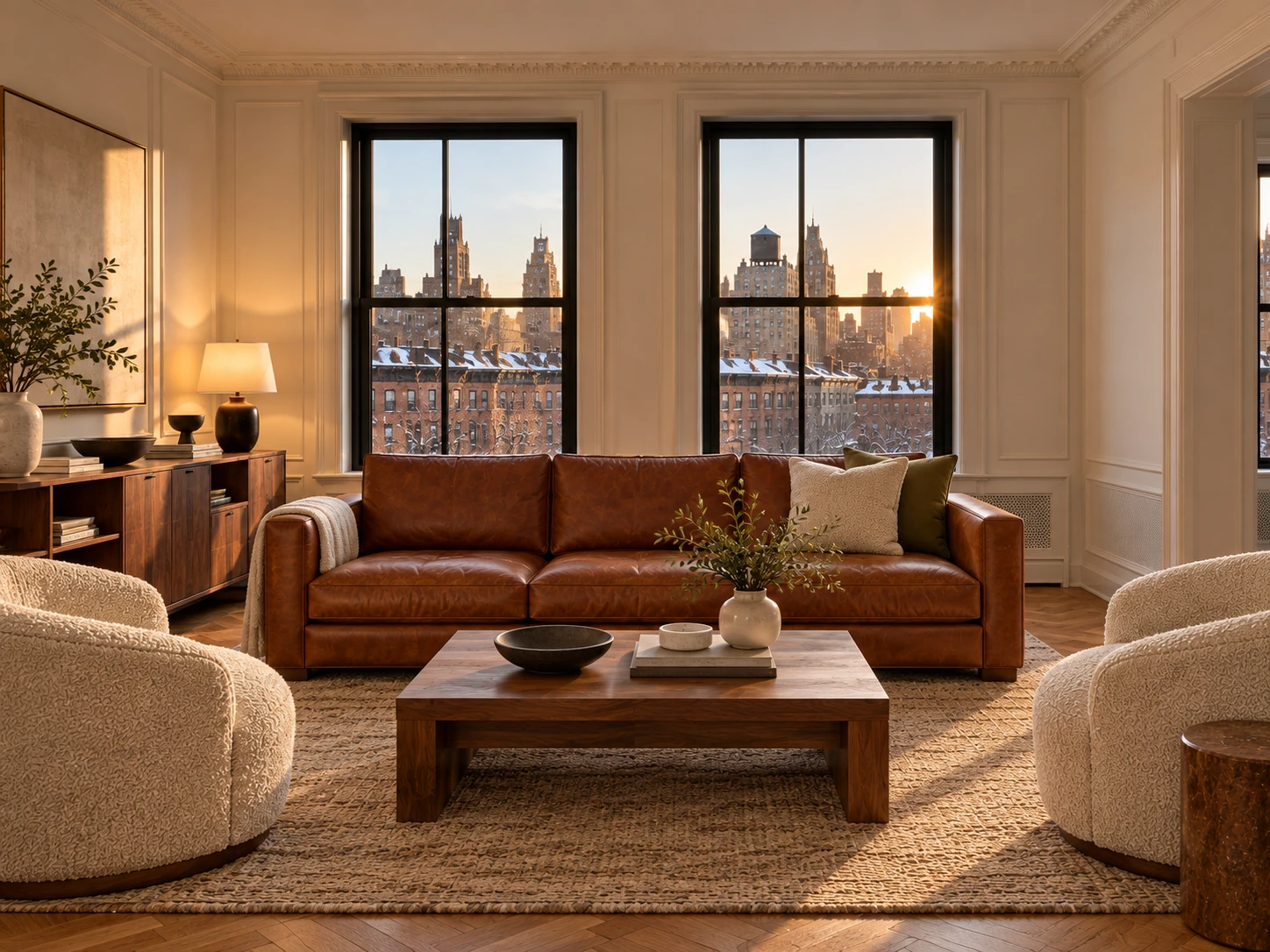 A model unit living room staged and ready for tours