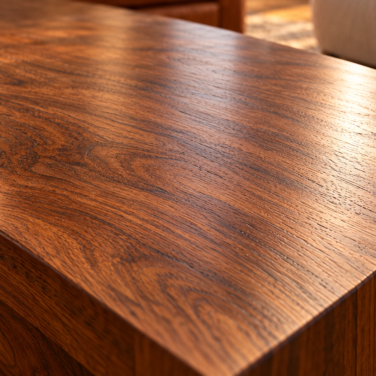 Macro of walnut grain under a satin finish