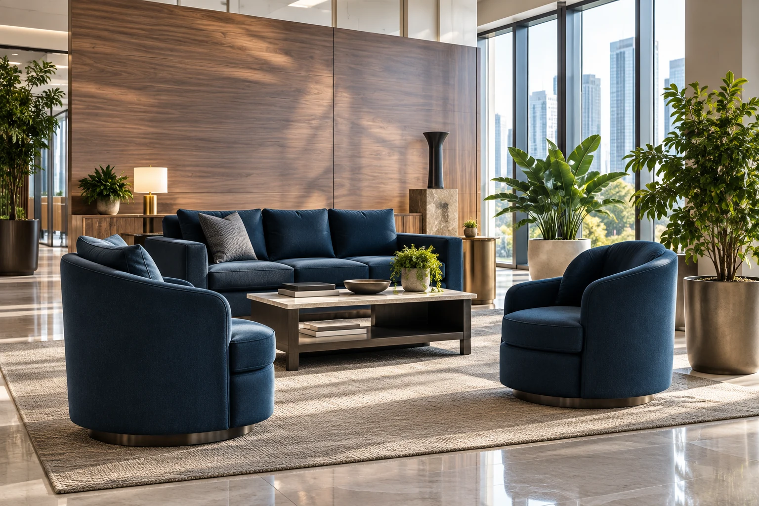 Navy woven fabric tub chairs and a matching sofa in a modern lobby with a slatted wood wall
