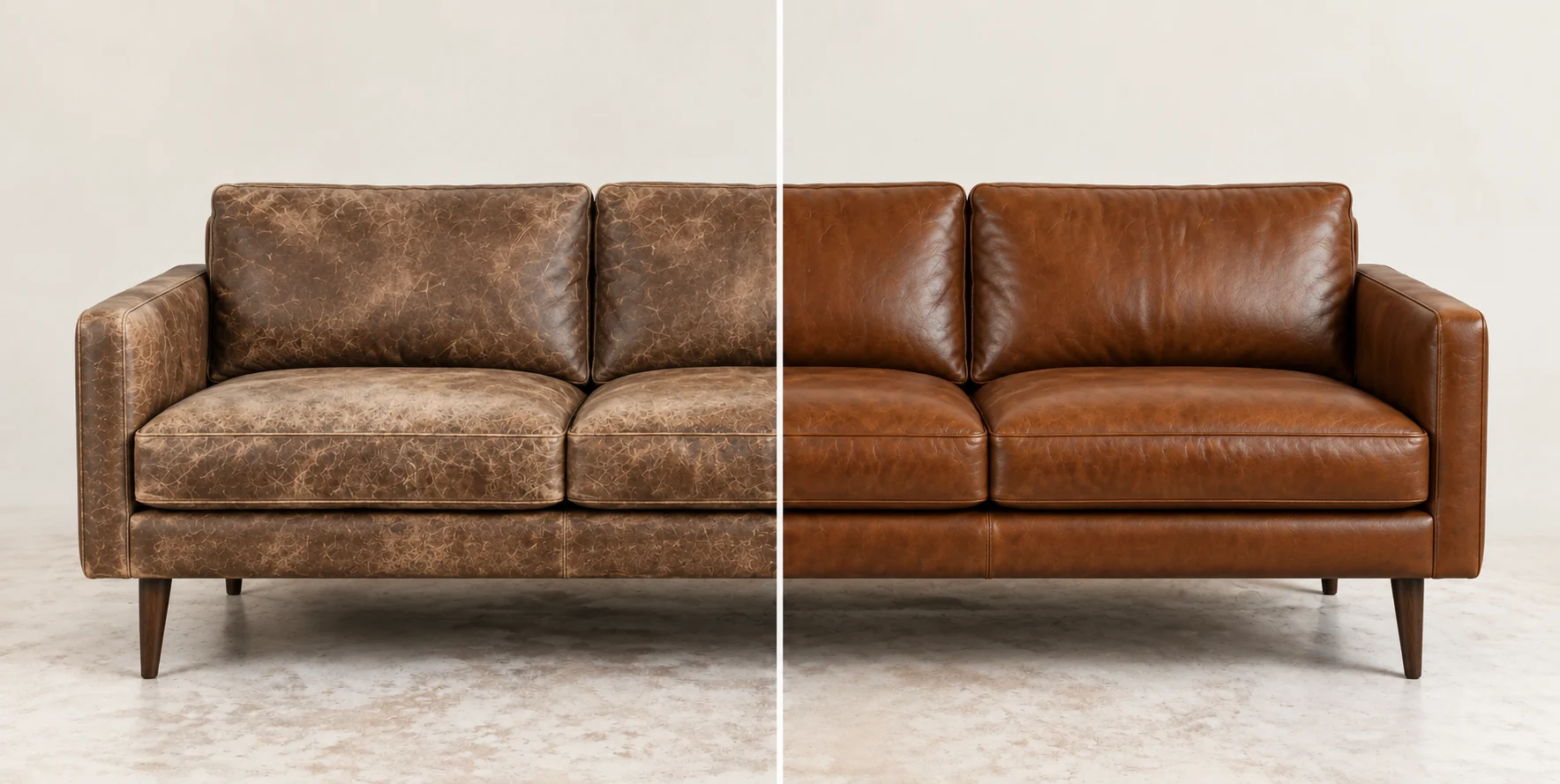 A modern tan leather sofa shown worn on one half and sound on the other