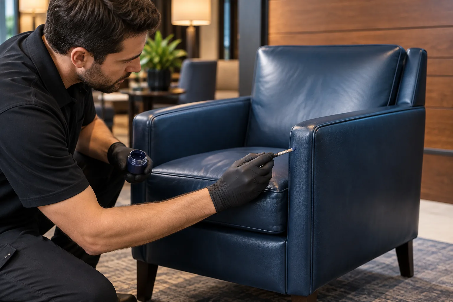 Monthly commercial leather furniture maintenance cleaning of a navy leather armchair