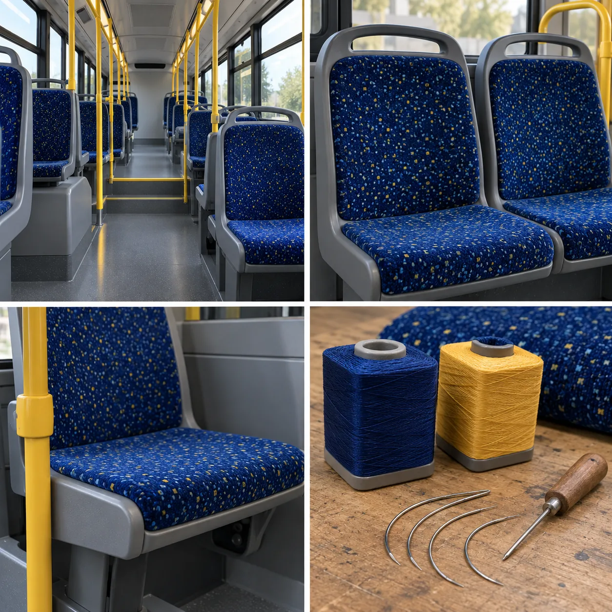 Matched moquette with thread spools and curved upholstery needles