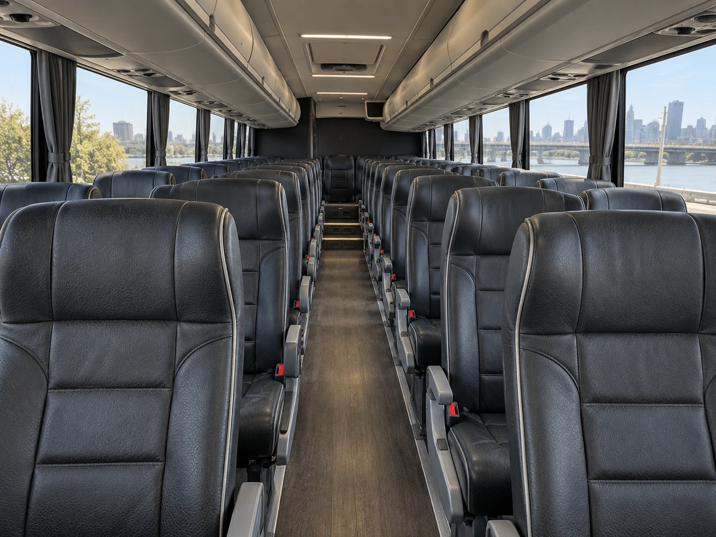 The interior seating of a motorcoach