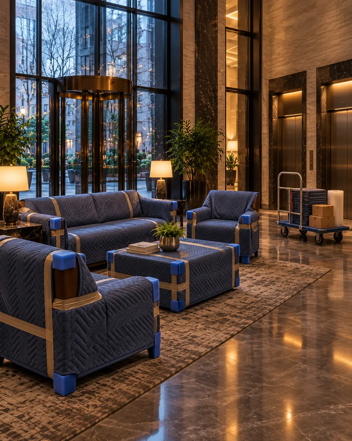 Lobby floor covered with protective mats