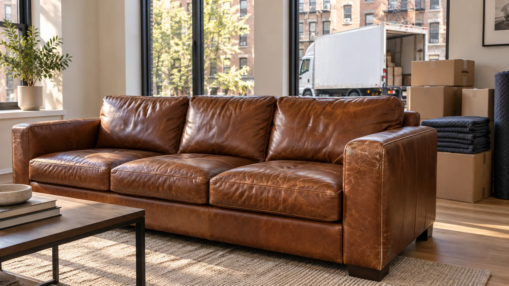 Furniture repair Hell's Kitchen: a used leather sofa just delivered to an apartment