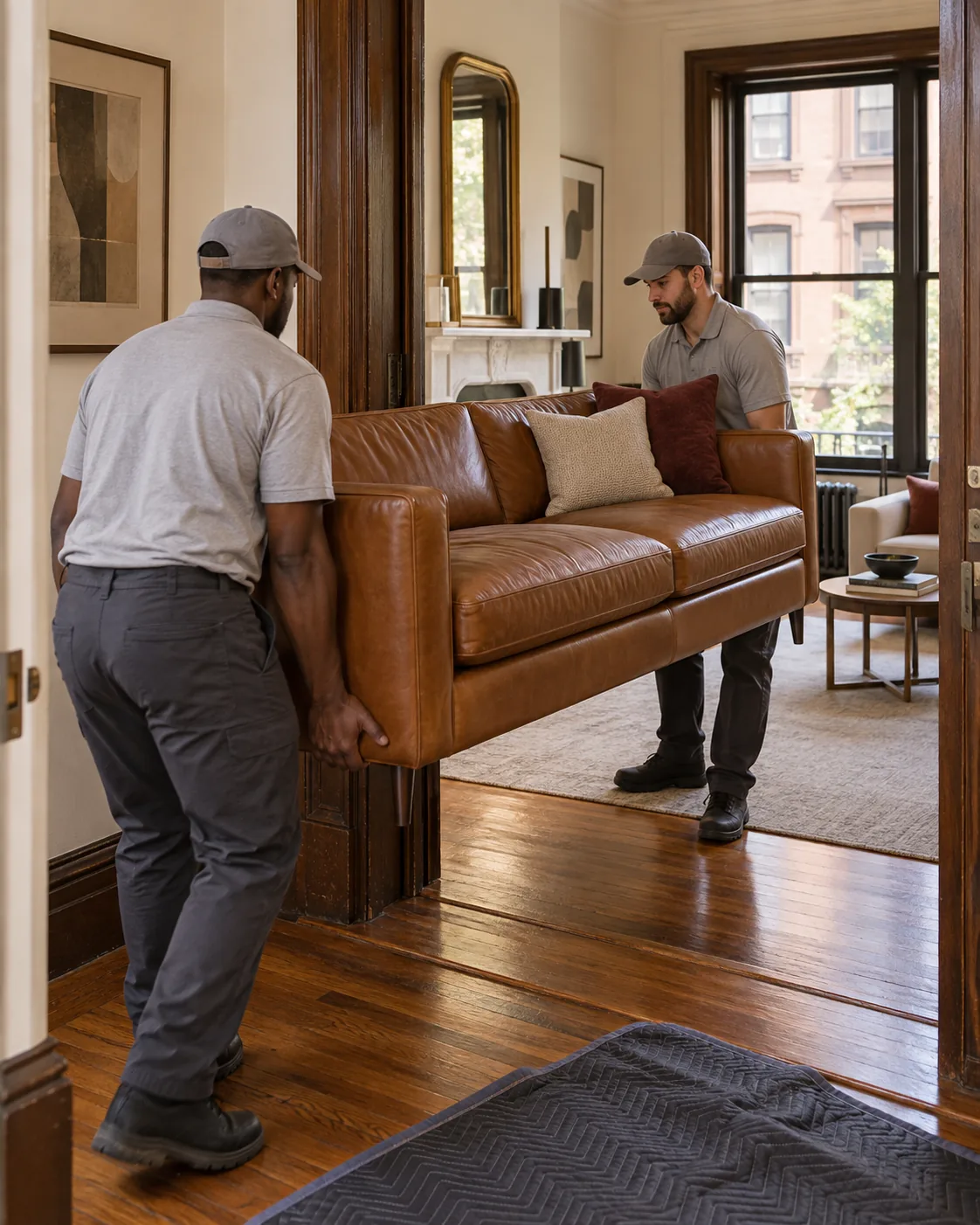 Movers carrying a leather sofa out of a staged home