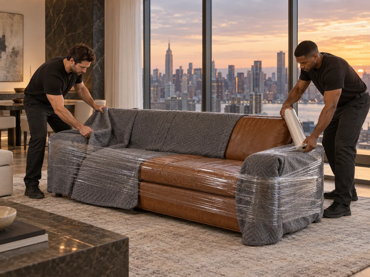 Movers wrapping a leather sofa in a penthouse during a move