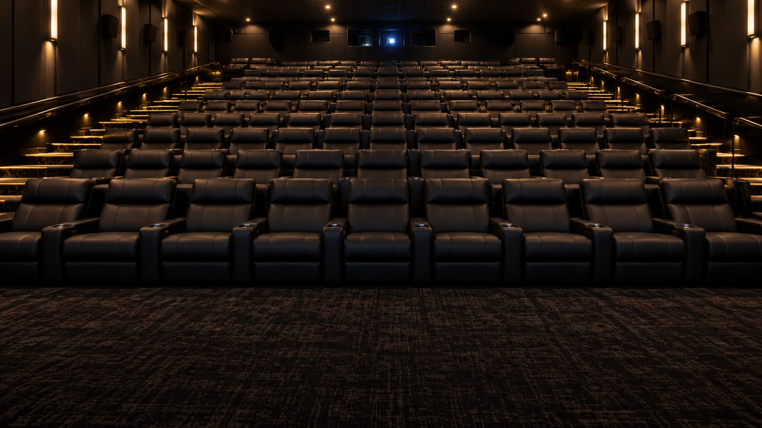 Movie theater seat repair — rows of black recliners in an empty cinema auditorium under house lights