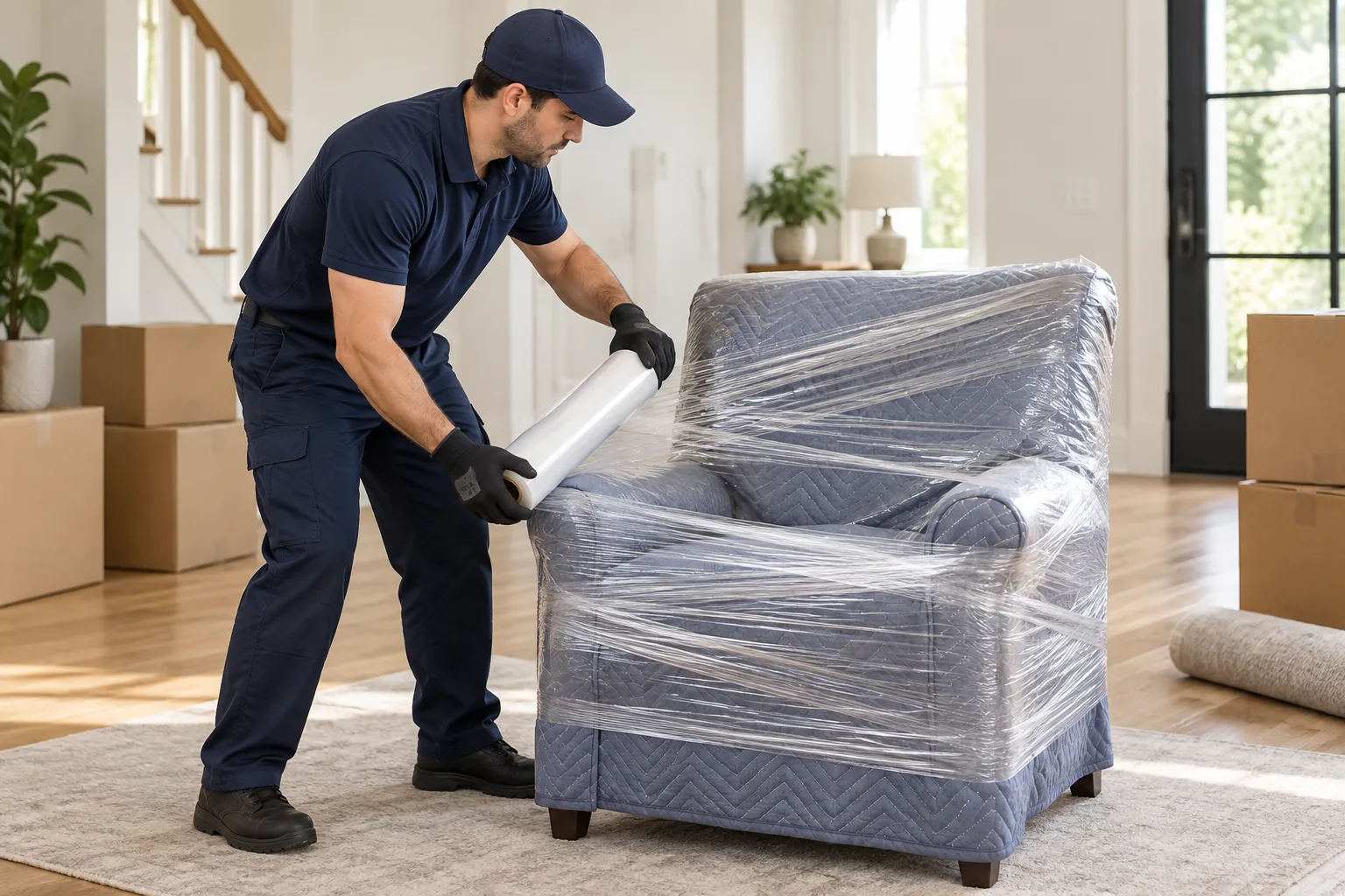 Mover wrapping an upholstered armchair in protective film beside packed cartons