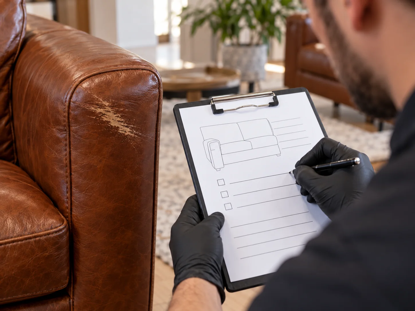 A technician writing damage notes on a clipboard beside a leather chair