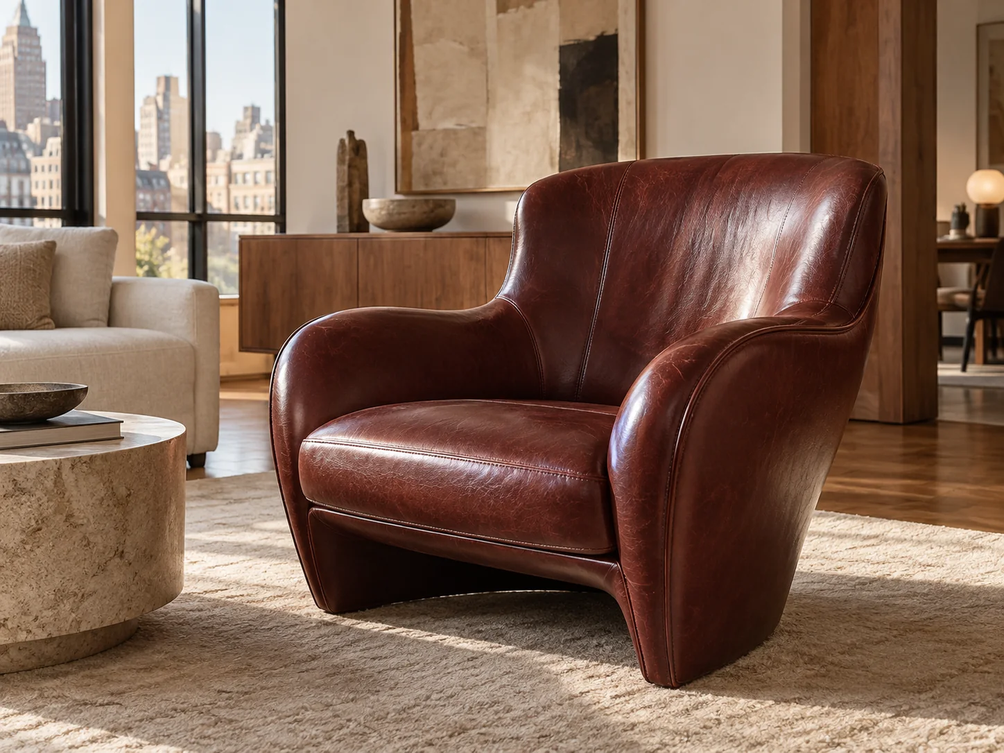 A sculpted custom leather lounge chair