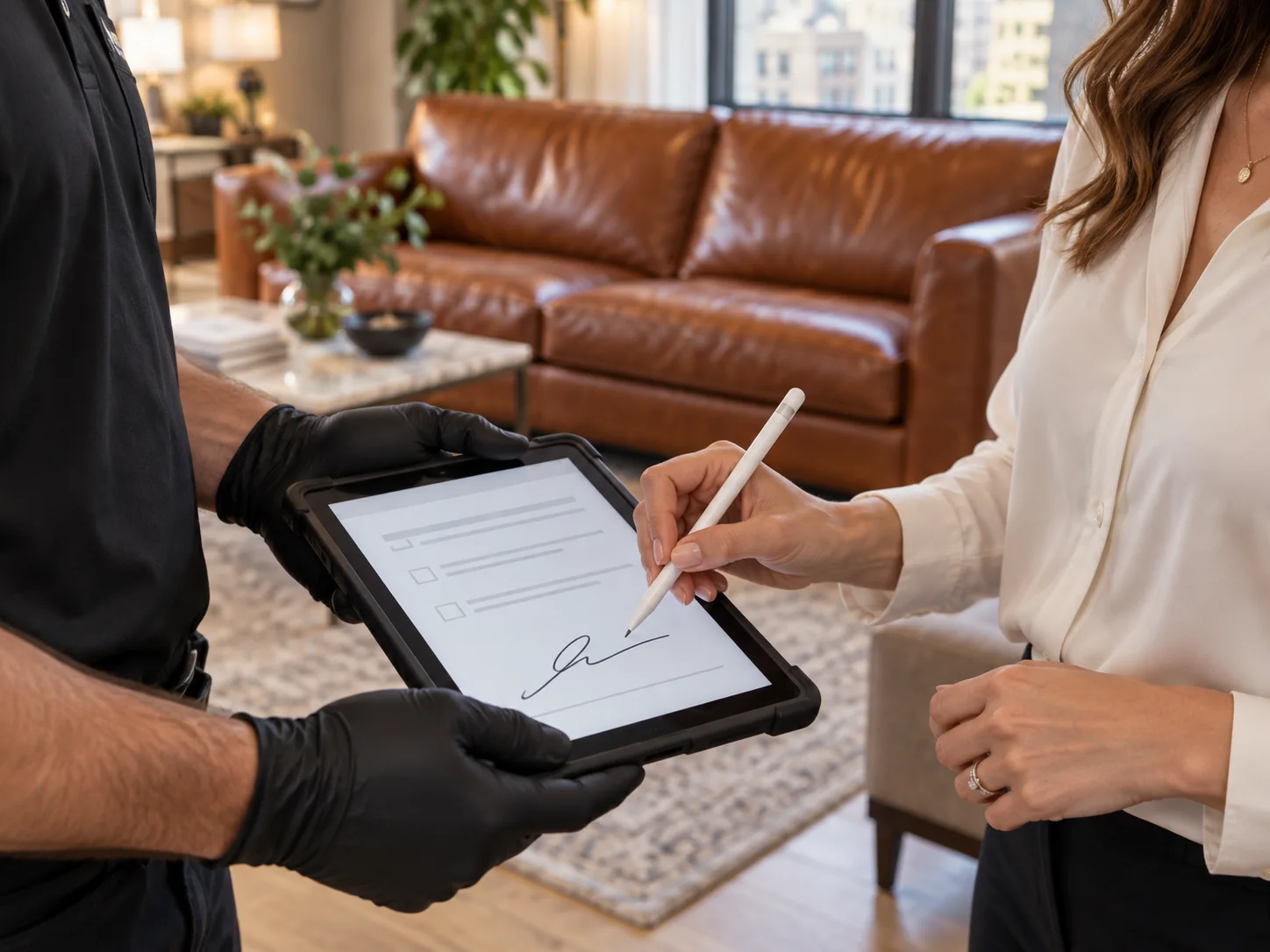 Customer signing off a job on a tablet