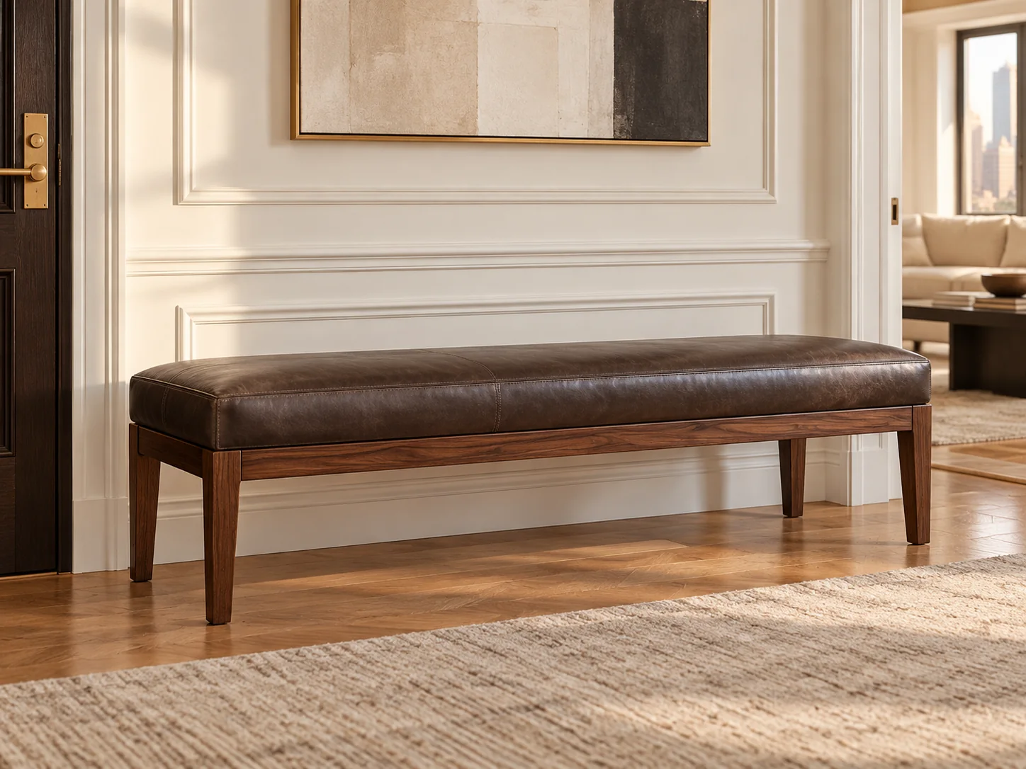 A dark leather bench