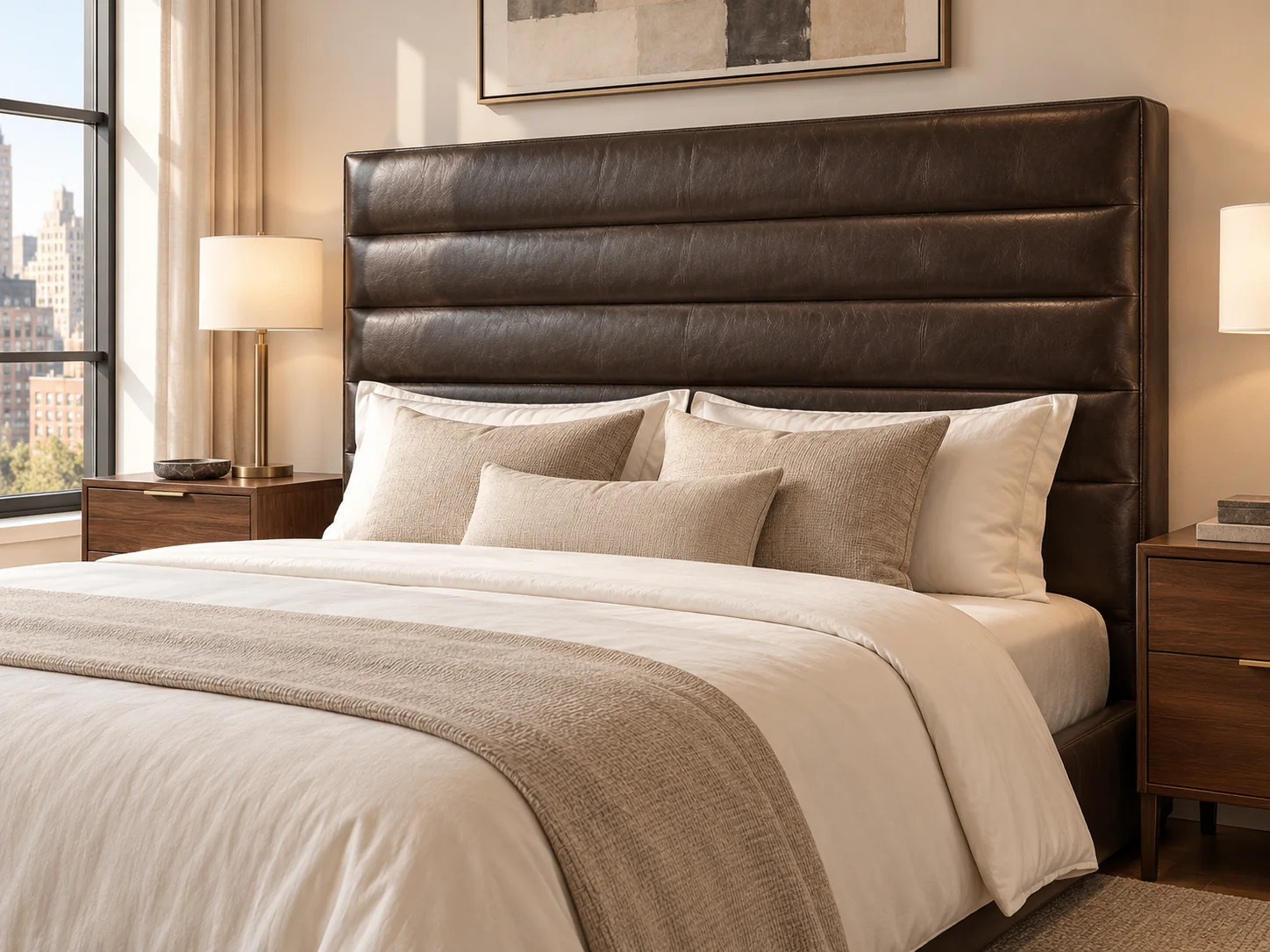 A channel-tufted leather headboard