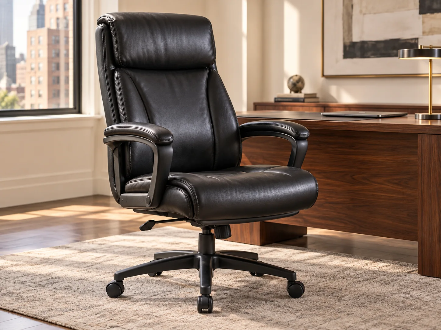 A black leather office chair