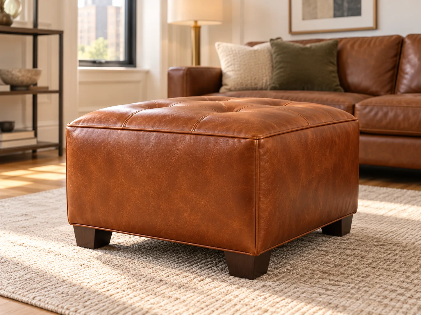A tufted leather ottoman