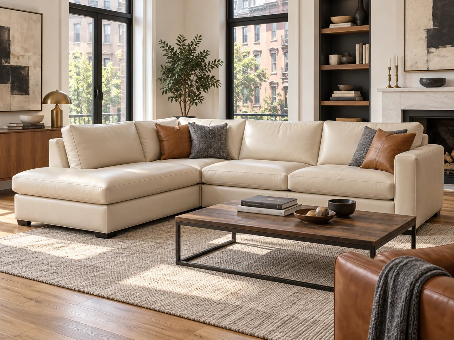A cream leather sectional