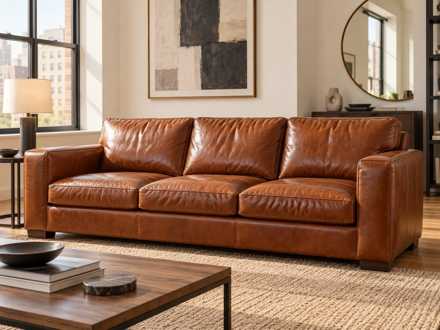 A cognac leather sofa