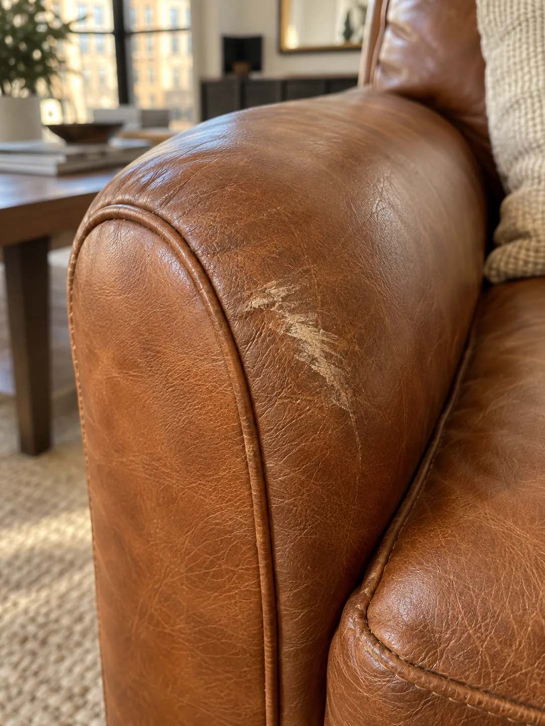 Scuffed outer arm on a cognac sofa