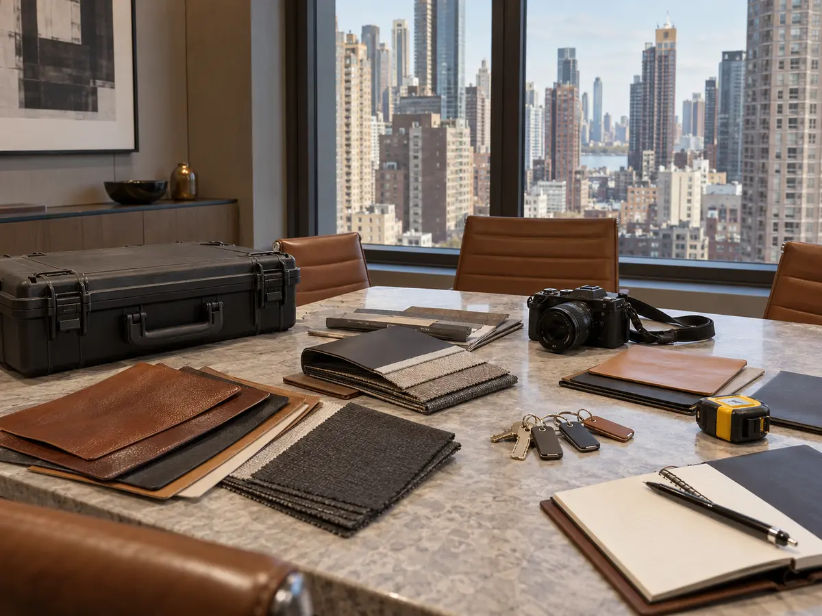 Leather swatches, a camera and building keys laid out for a multi-property plan
