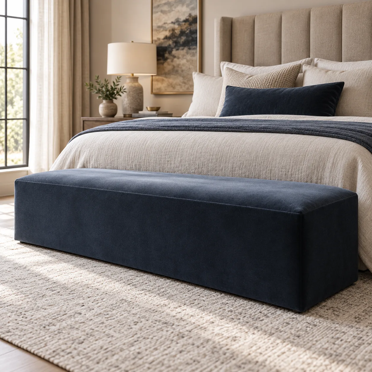 Navy upholstered bench at the foot of a bed below a taupe channelled headboard