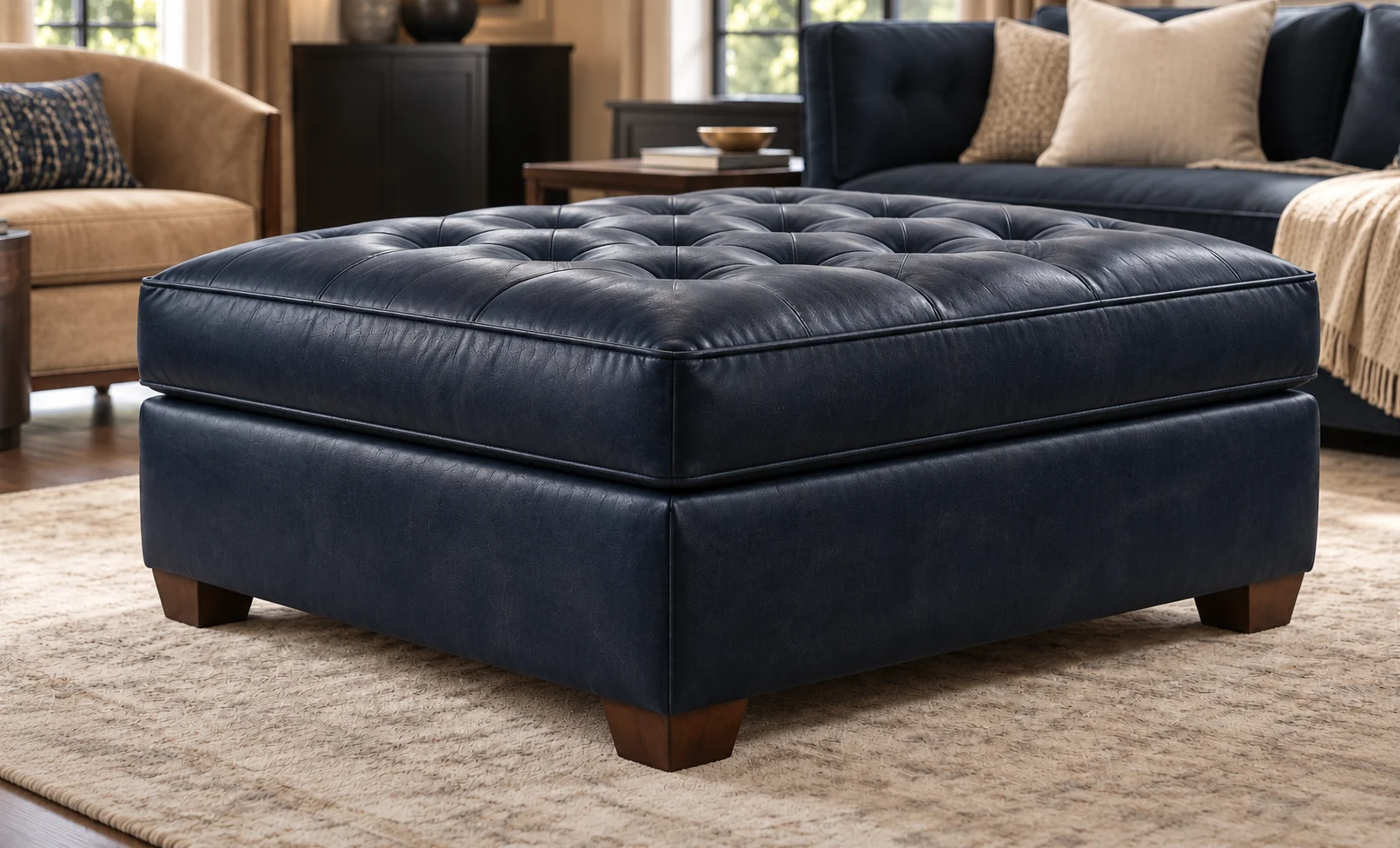A navy blue button-tufted square leather ottoman