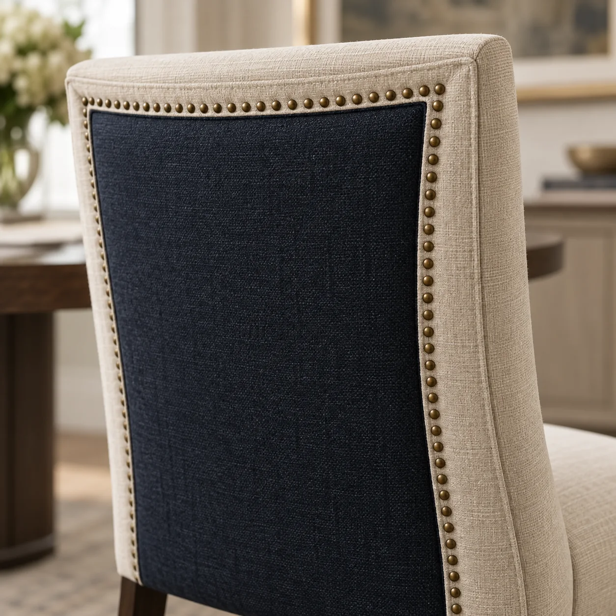 Navy outside back against an ivory inside back on a dining chair