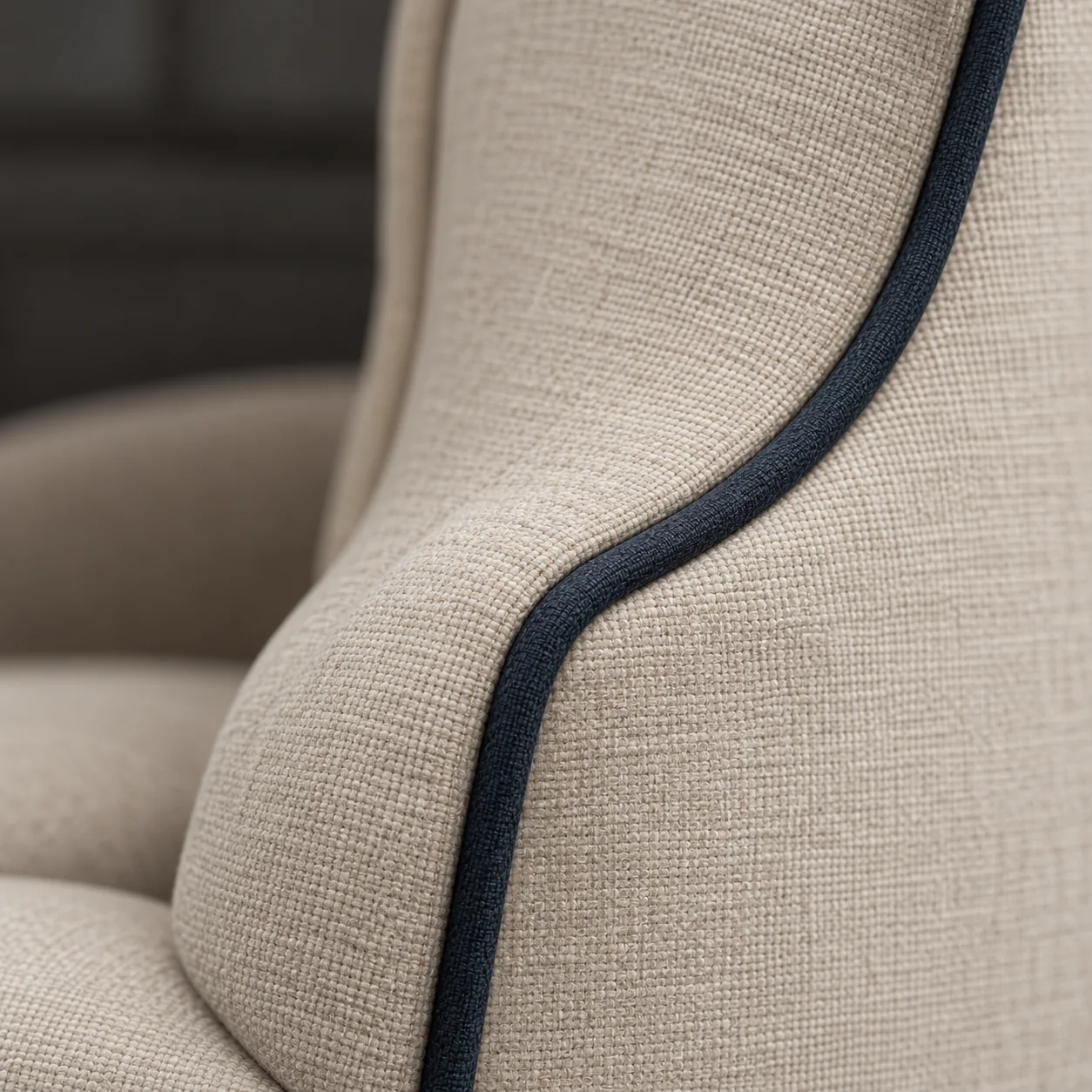 Navy contrast piping curving across an ivory dining chair