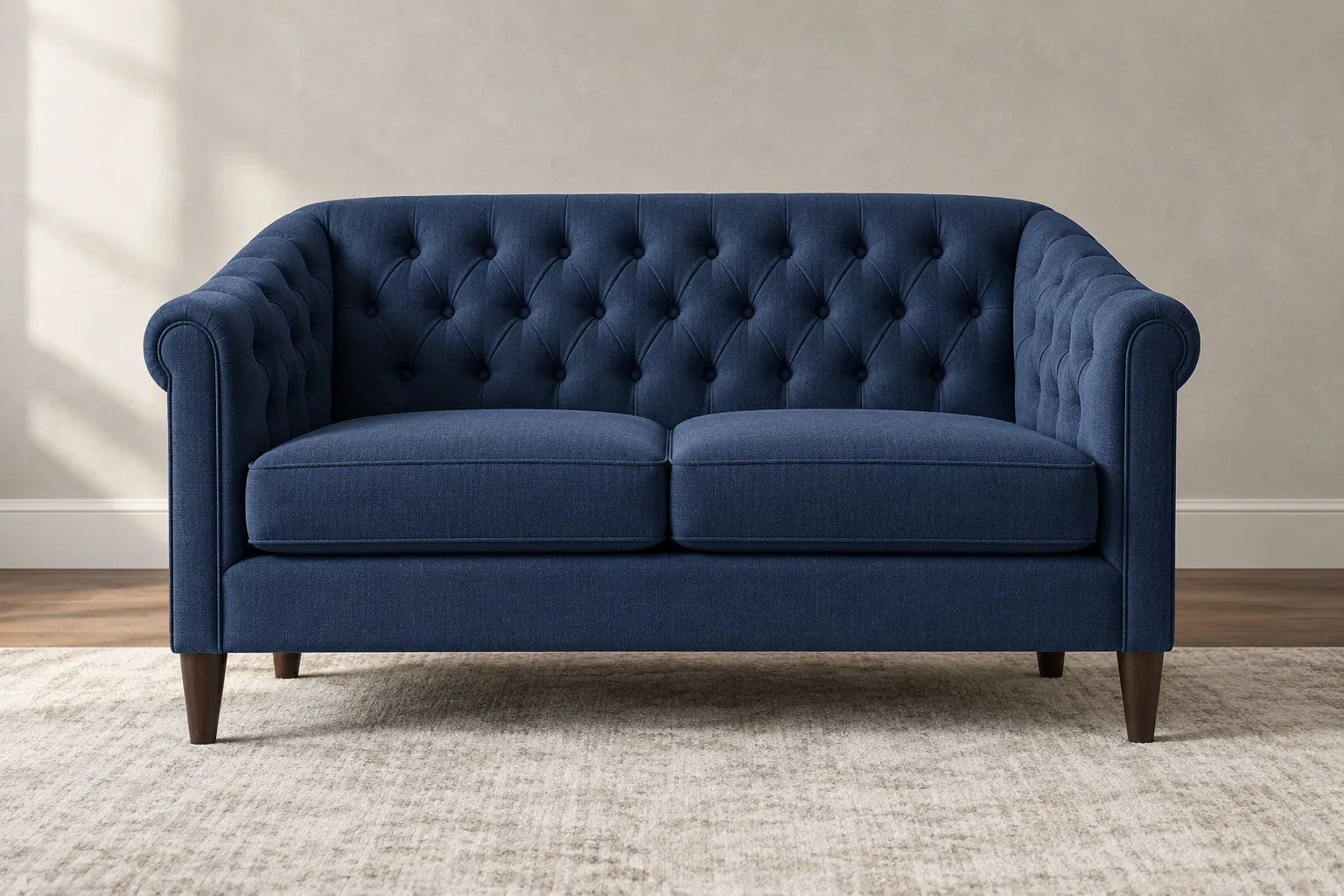 Navy fabric chesterfield loveseat