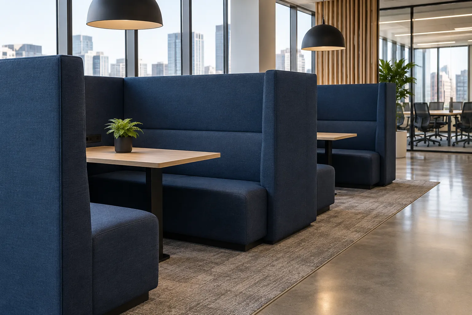 Navy fabric booths in an office