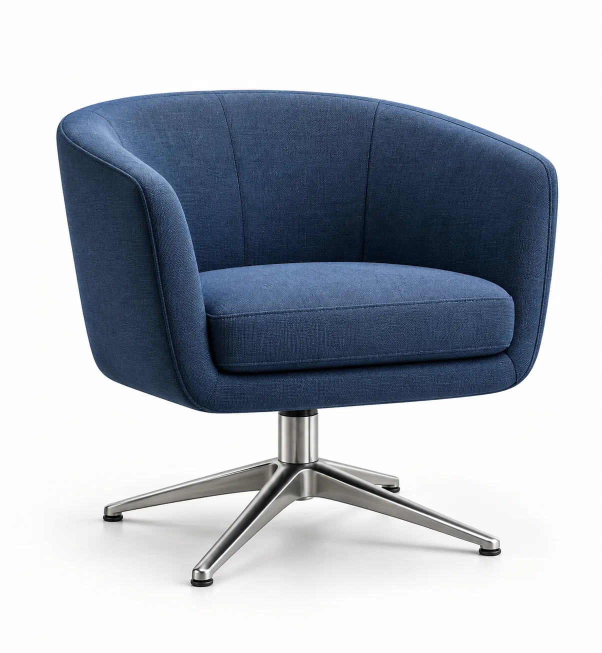 Navy fabric swivel lounge chair on a four-star aluminium base