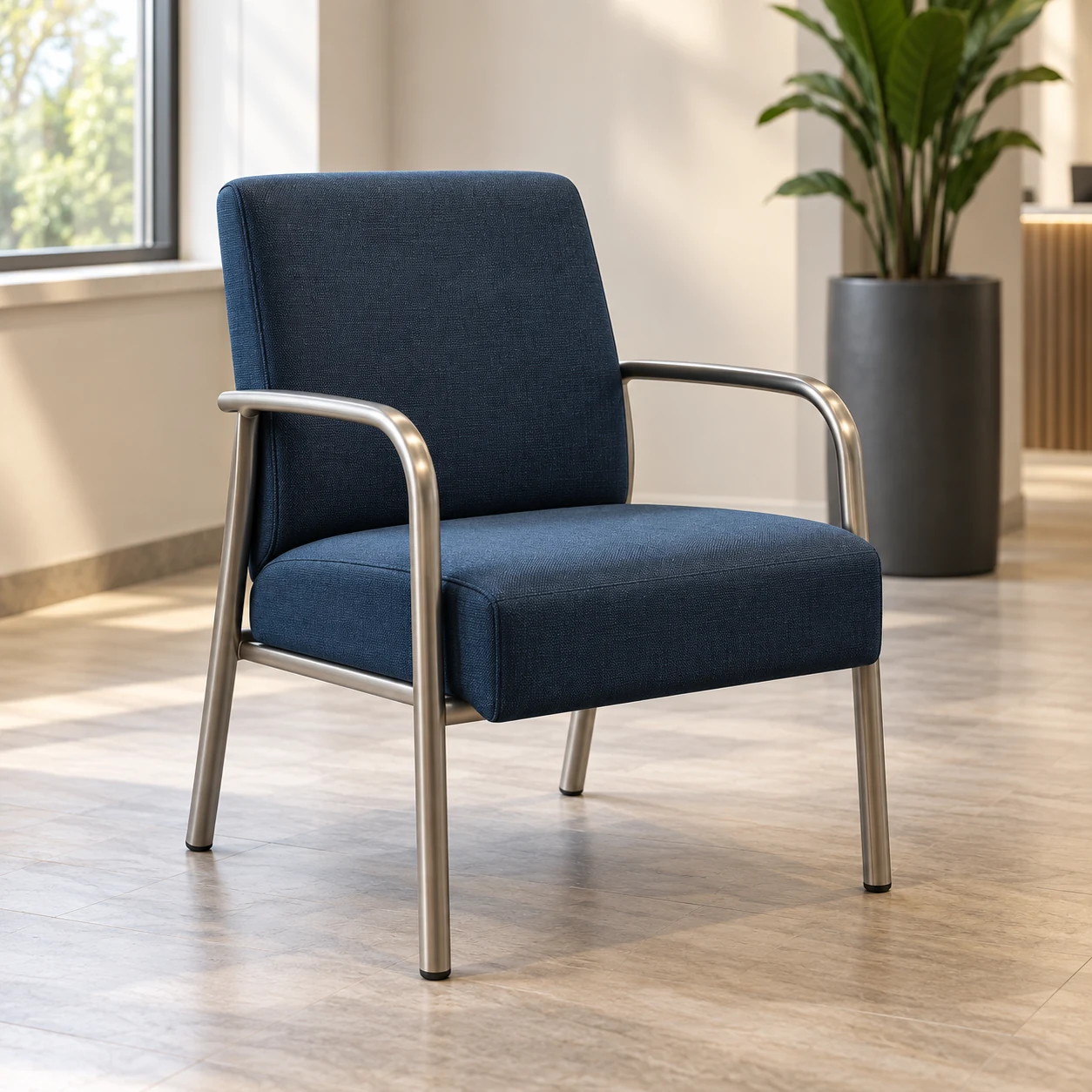 Navy upholstered chair on a steel frame