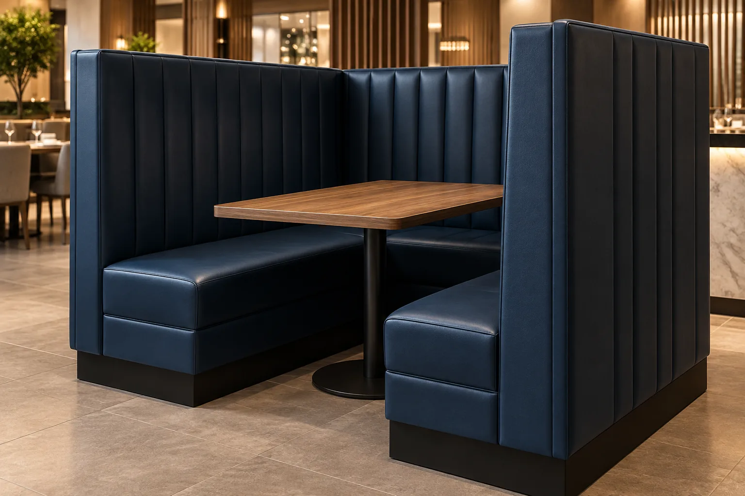 Back-to-back booths with a wood table