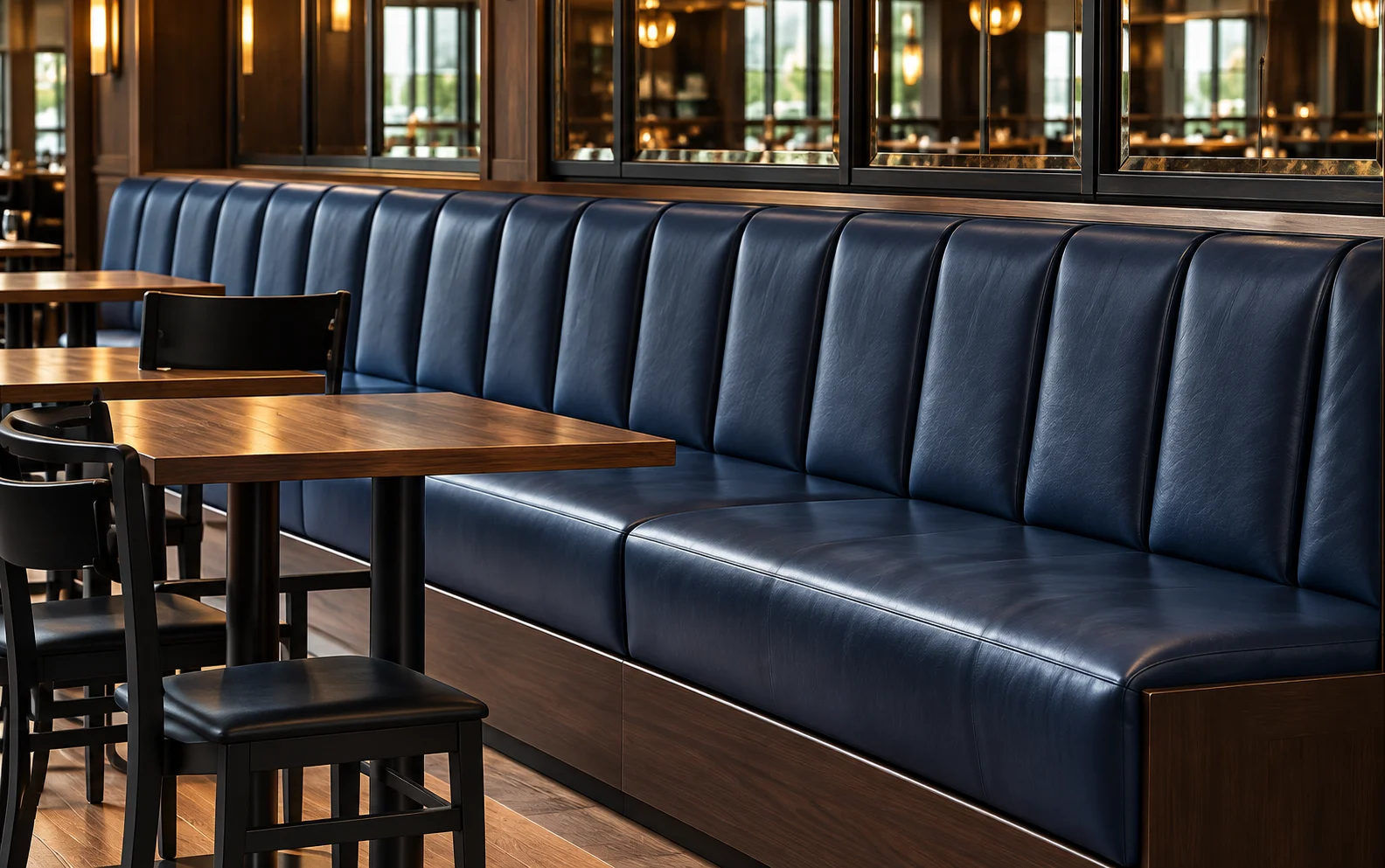 Navy leather banquette in a restaurant dining room