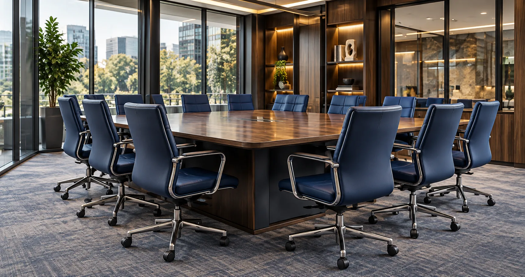 Navy leather conference chairs around a boardroom table
