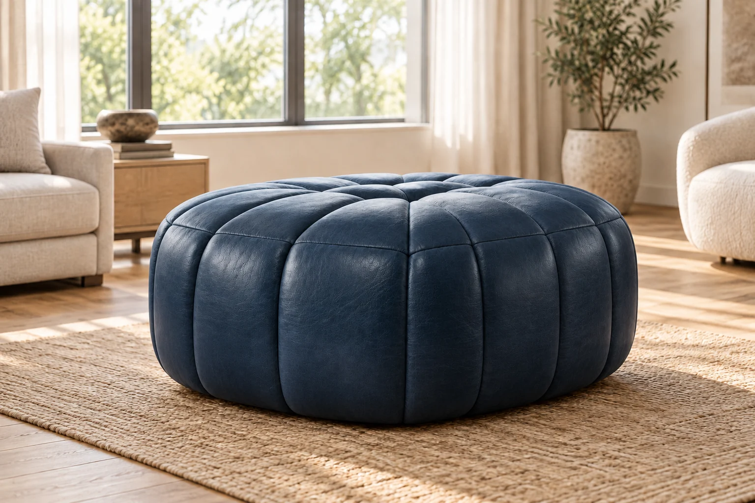 A navy leather round pouf with segmented panels on a jute rug