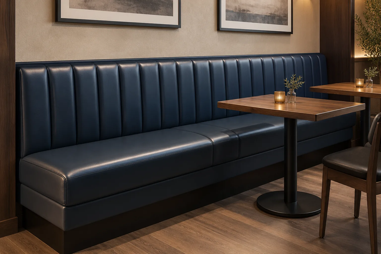 Navy leather straight banquette wall run beside a table