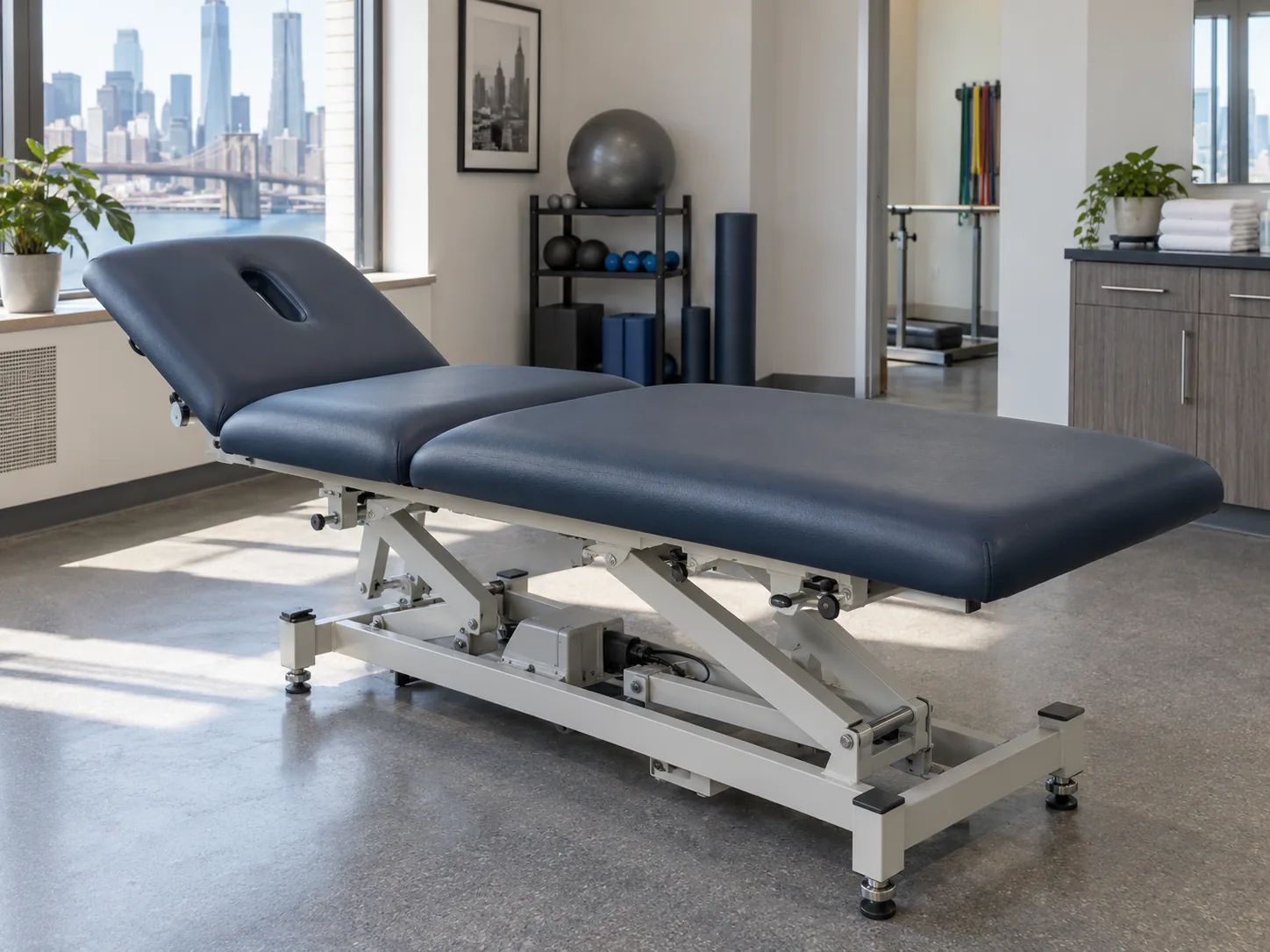 A navy two-section physical therapy table in a rehab gym