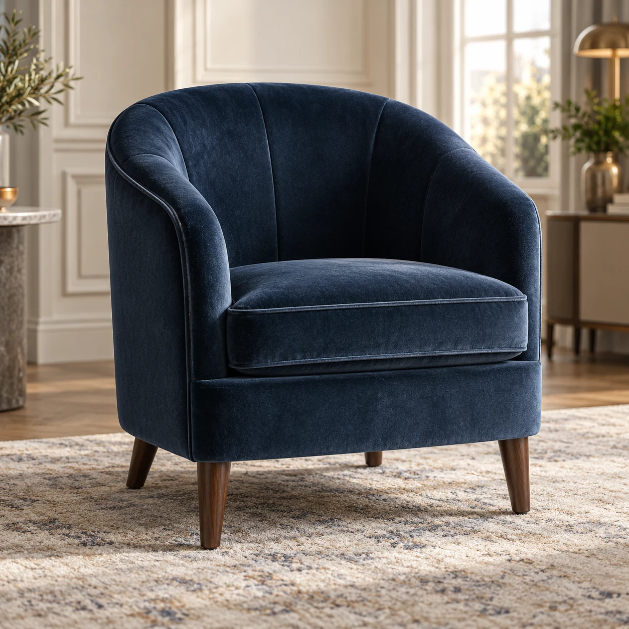 Navy velvet club chair with a curved barrel back in a pale panelled room