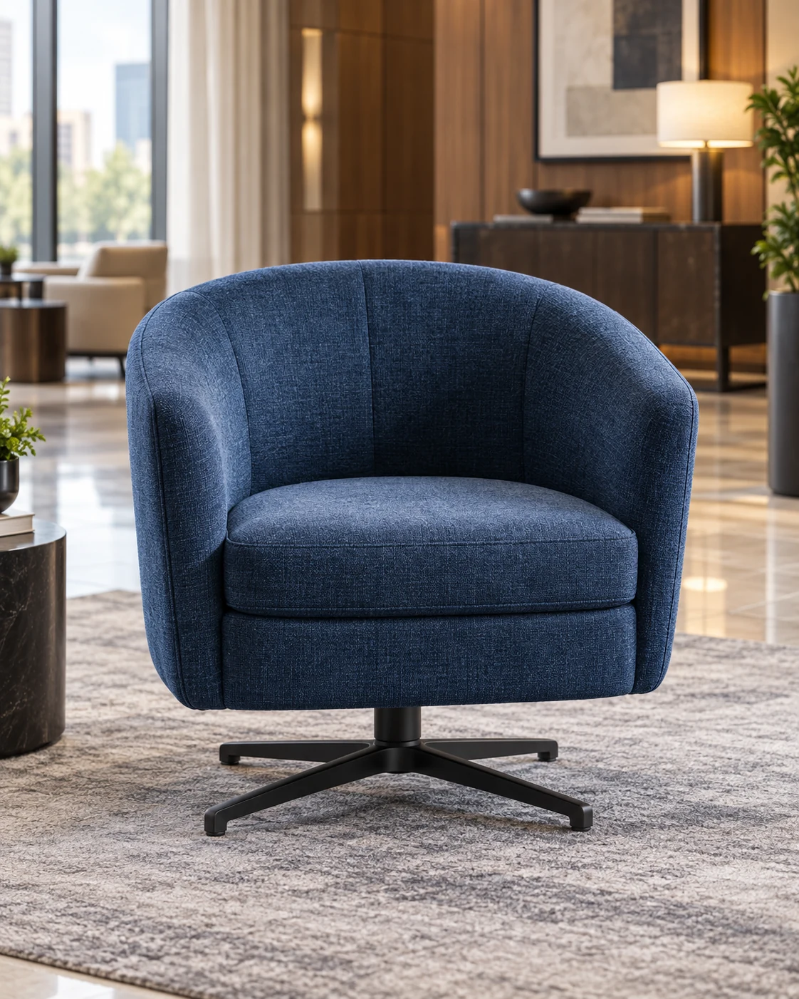 Navy swivel tub chair in woven fabric, the slub yarn of the weave clearly visible across the seat and inside back
