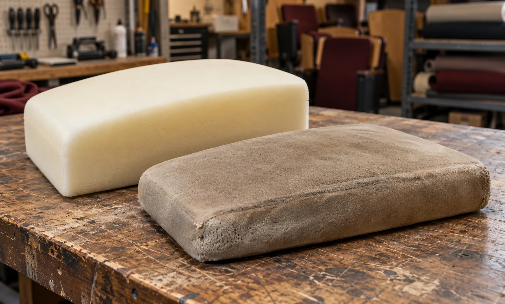 New and old theater seat foam blocks side by side