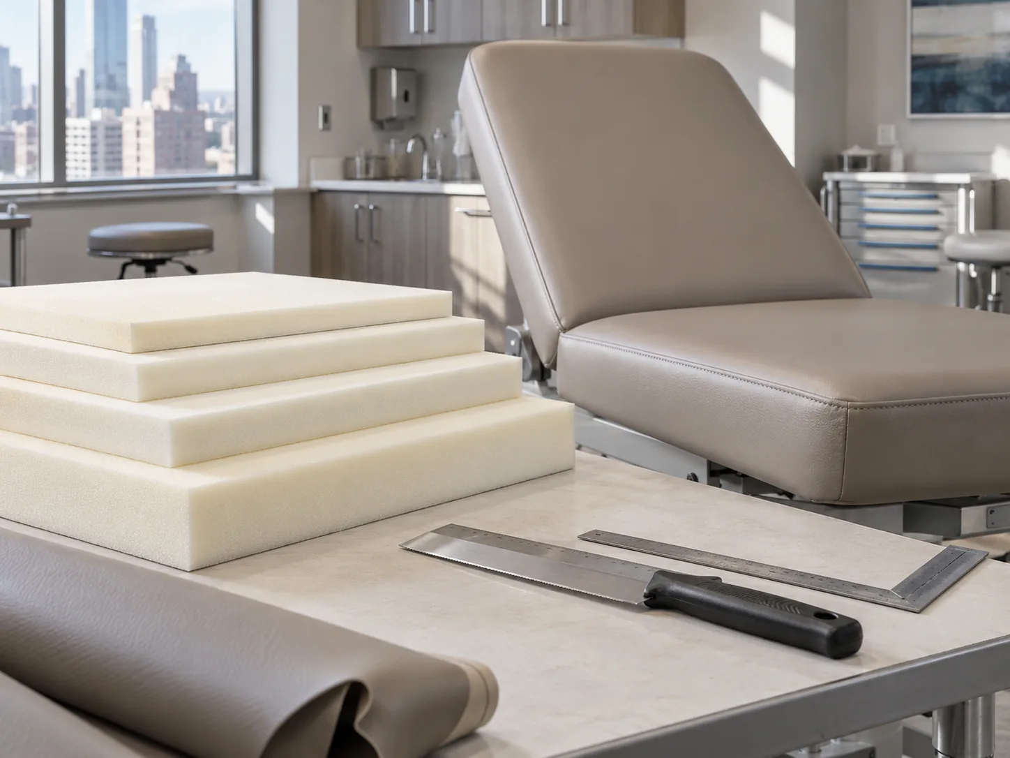 Layers of new foam cut to size beside a taupe exam table, with a knife and square