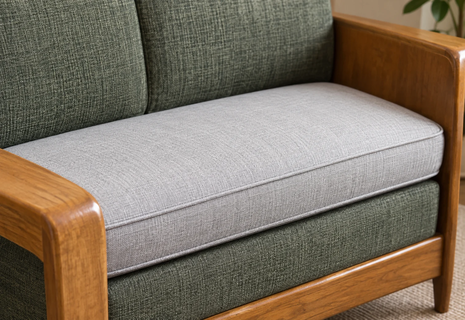Grey fabric seat pad in a wood frame