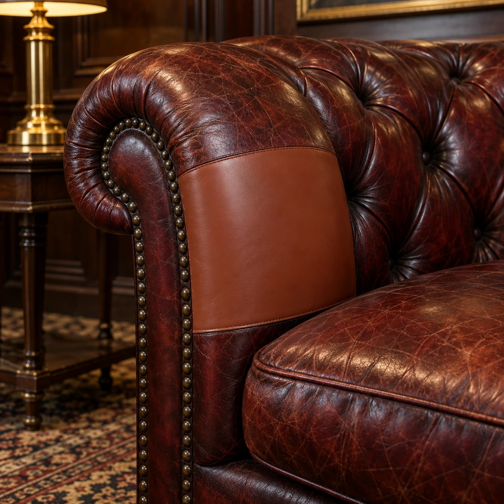 Chesterfield with a new panel beside aged leather