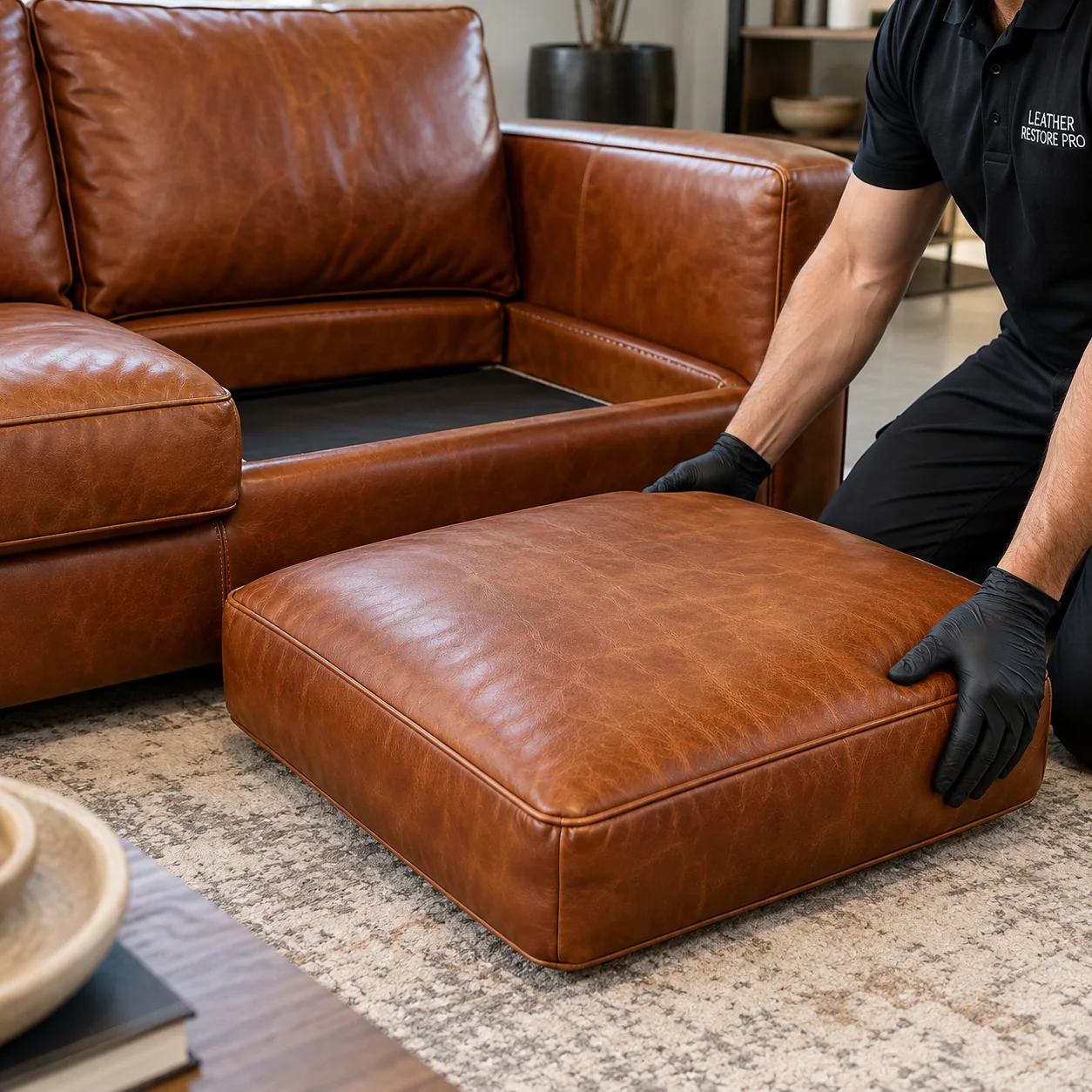 Technician fitting a leather seat cushion back on a sofa