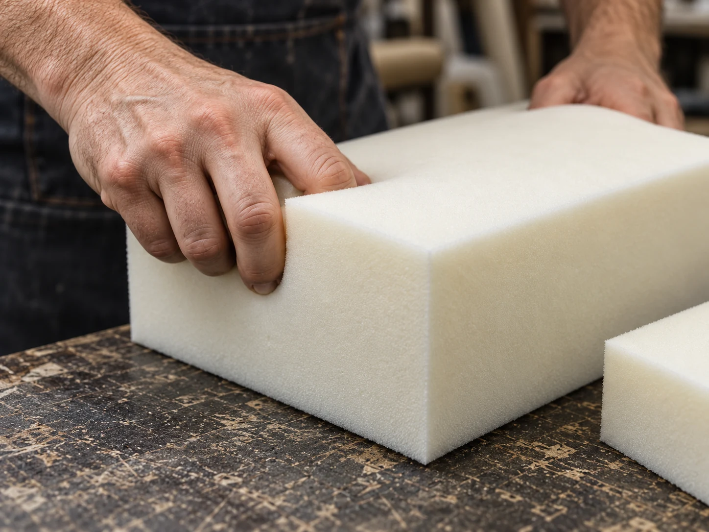 New seat foam block being cut to size on a workbench
