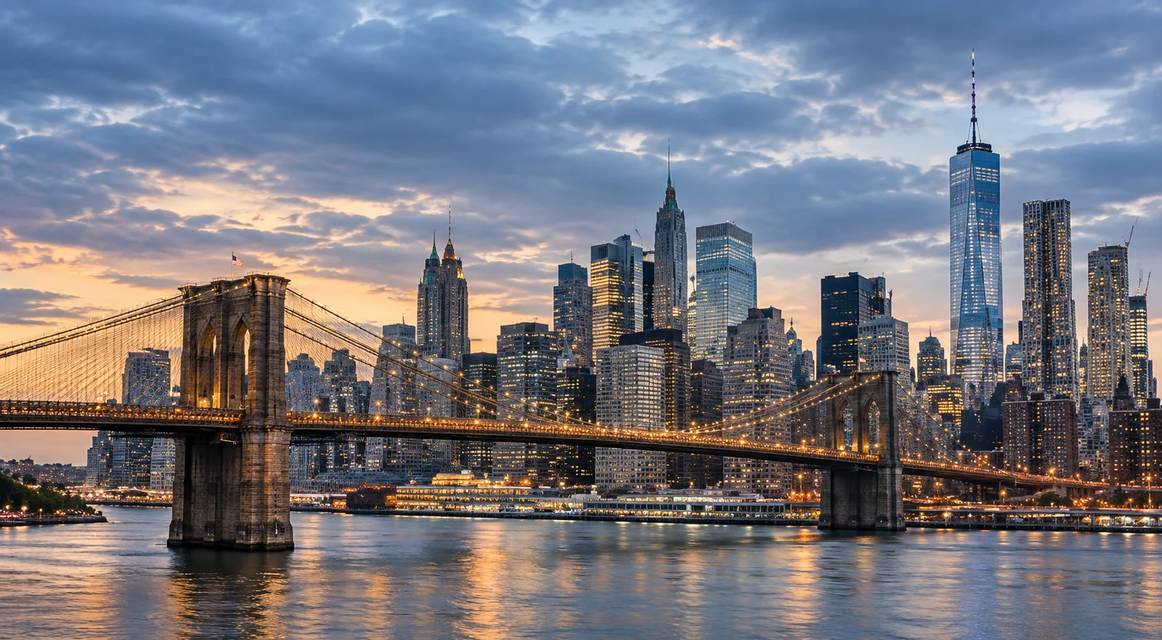 The Brooklyn Bridge and the Lower Manhattan skyline at dusk