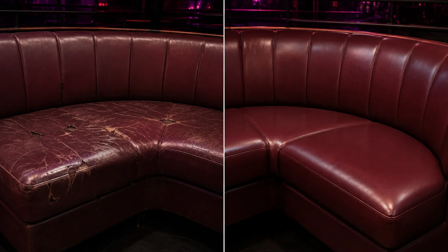 Scratched burgundy banquette before and after