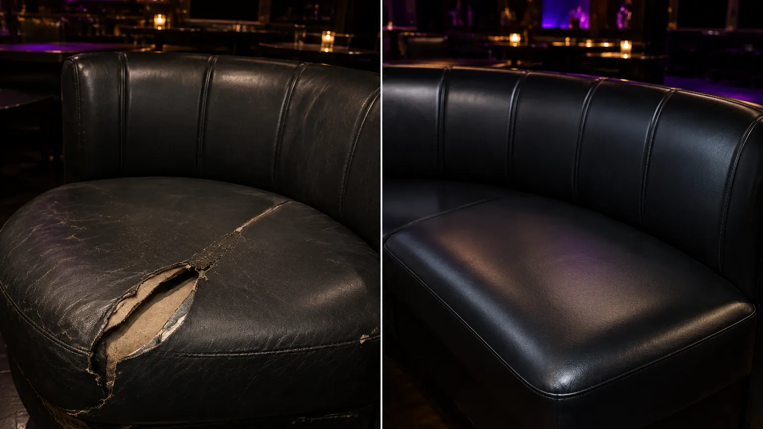 Torn black booth seat before and after